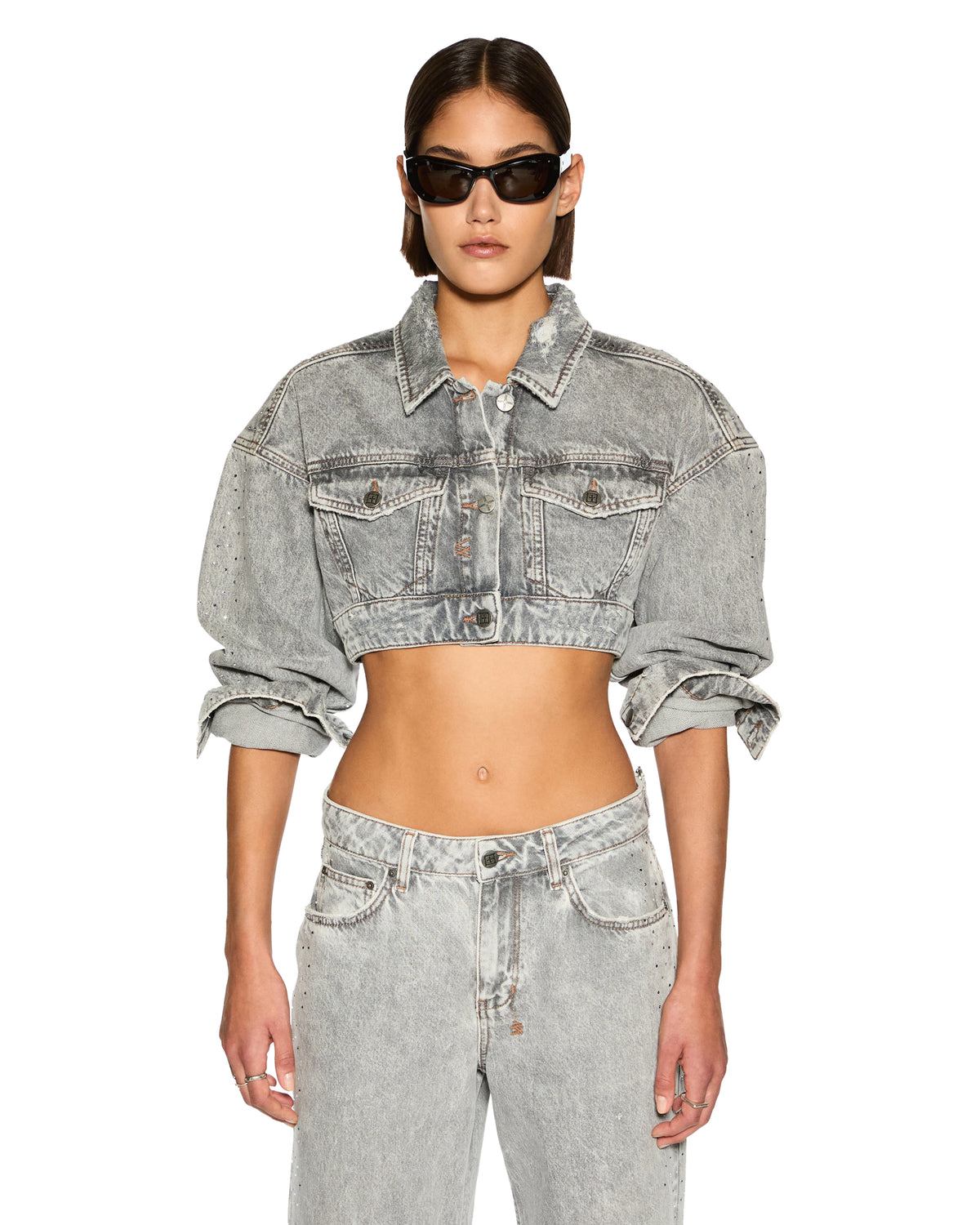 Womens Supercrop Trucker Dime Krystal Cropped Jackets - Grey