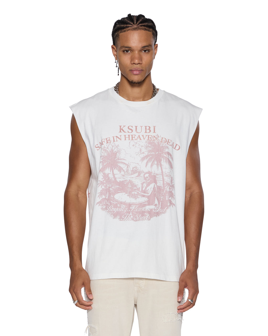 Mens Paradiso Cut Off Tee Vintage White Regular Tees - White