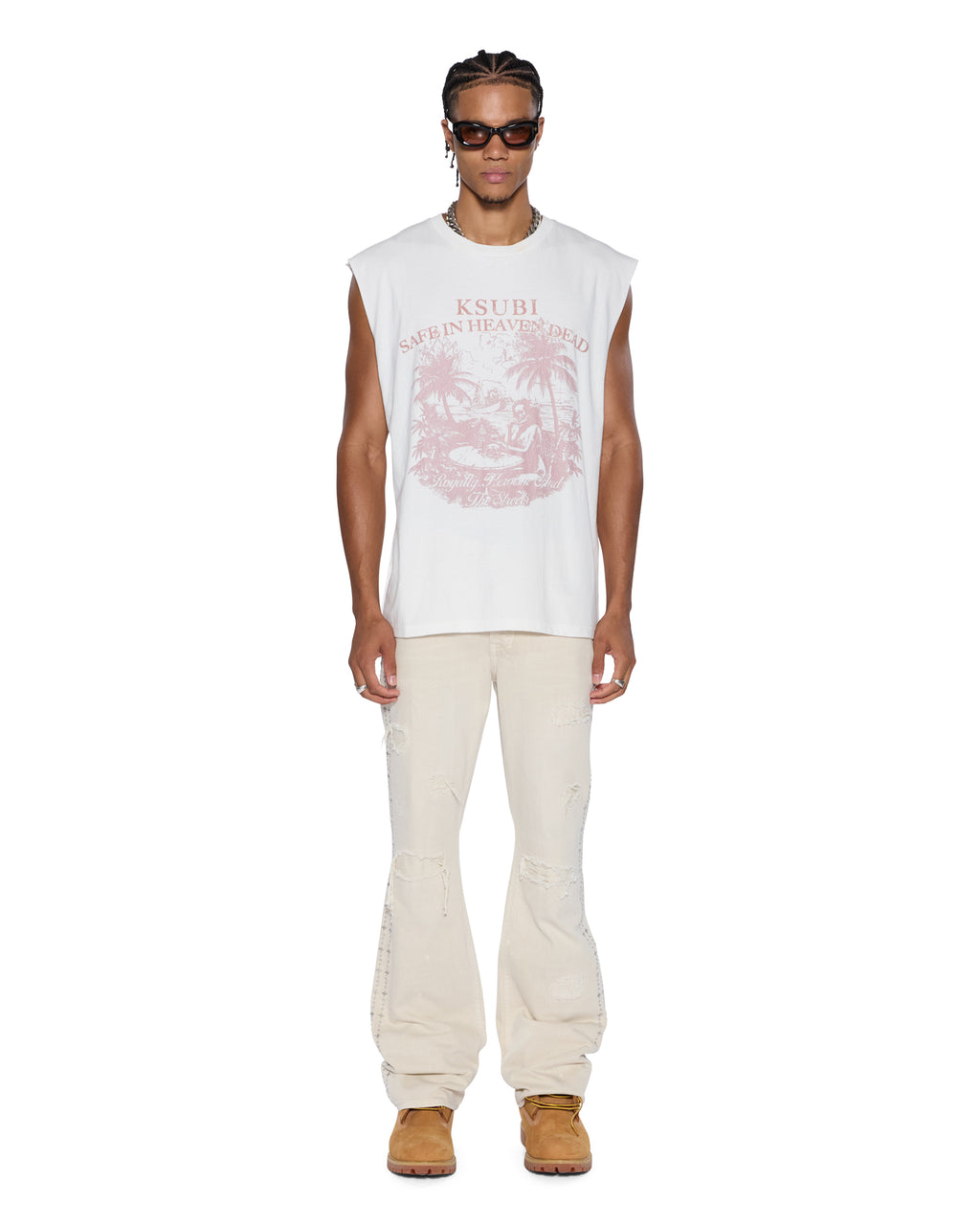 Mens Paradiso Cut Off Tee Vintage White Regular Tees - White