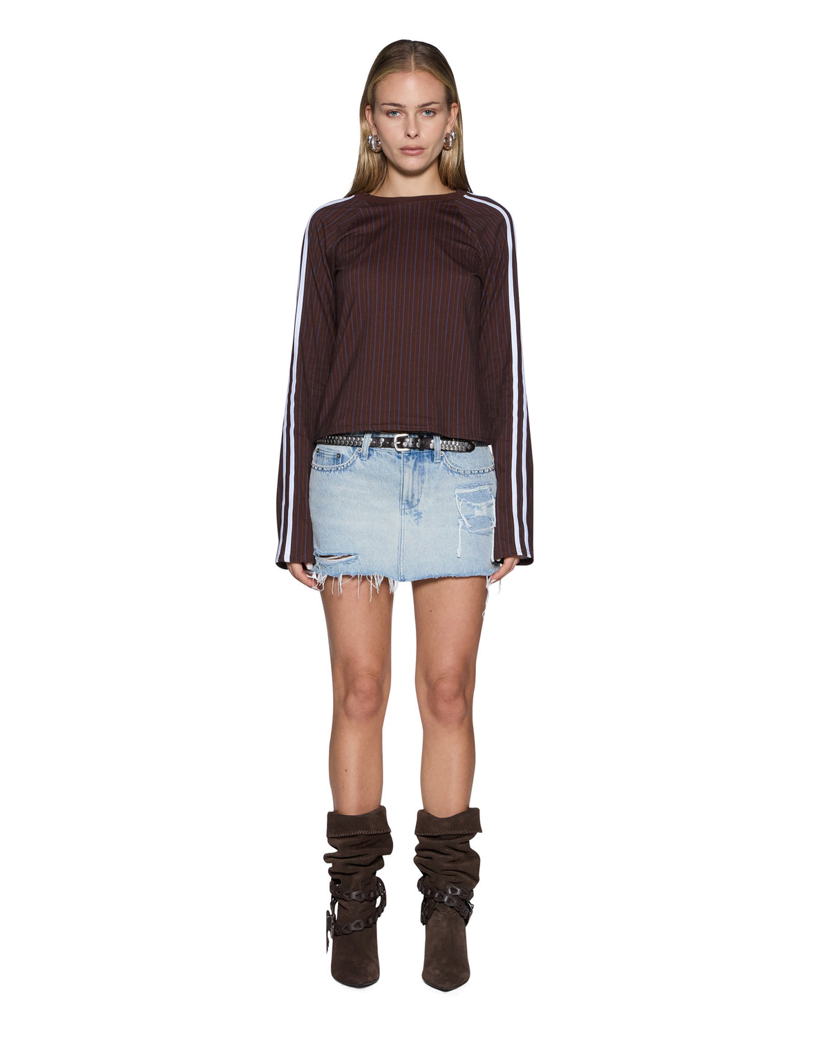 Womens Porter Ls Top Choc Pinstripe Regular Tees - Brown