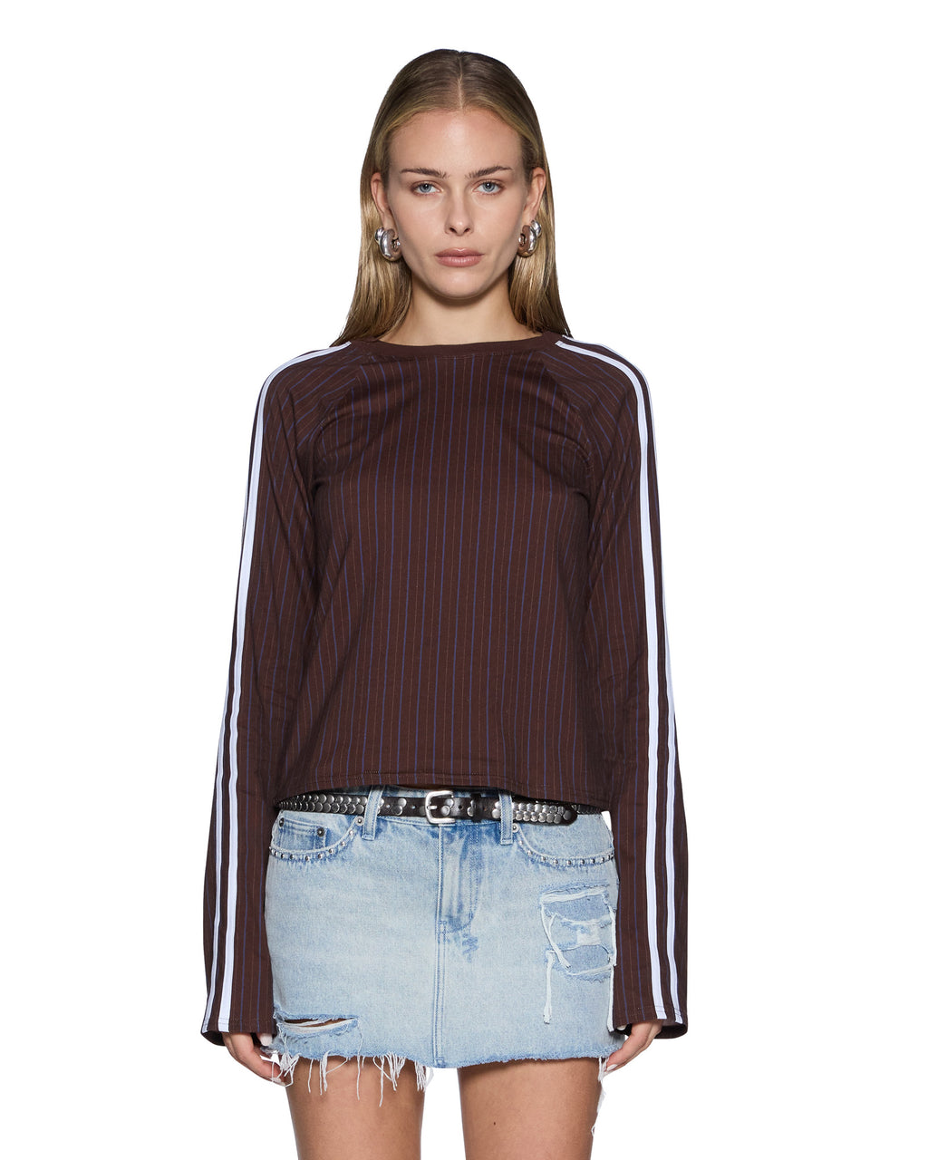 Womens Porter Ls Top Choc Pinstripe Regular Tees - Brown