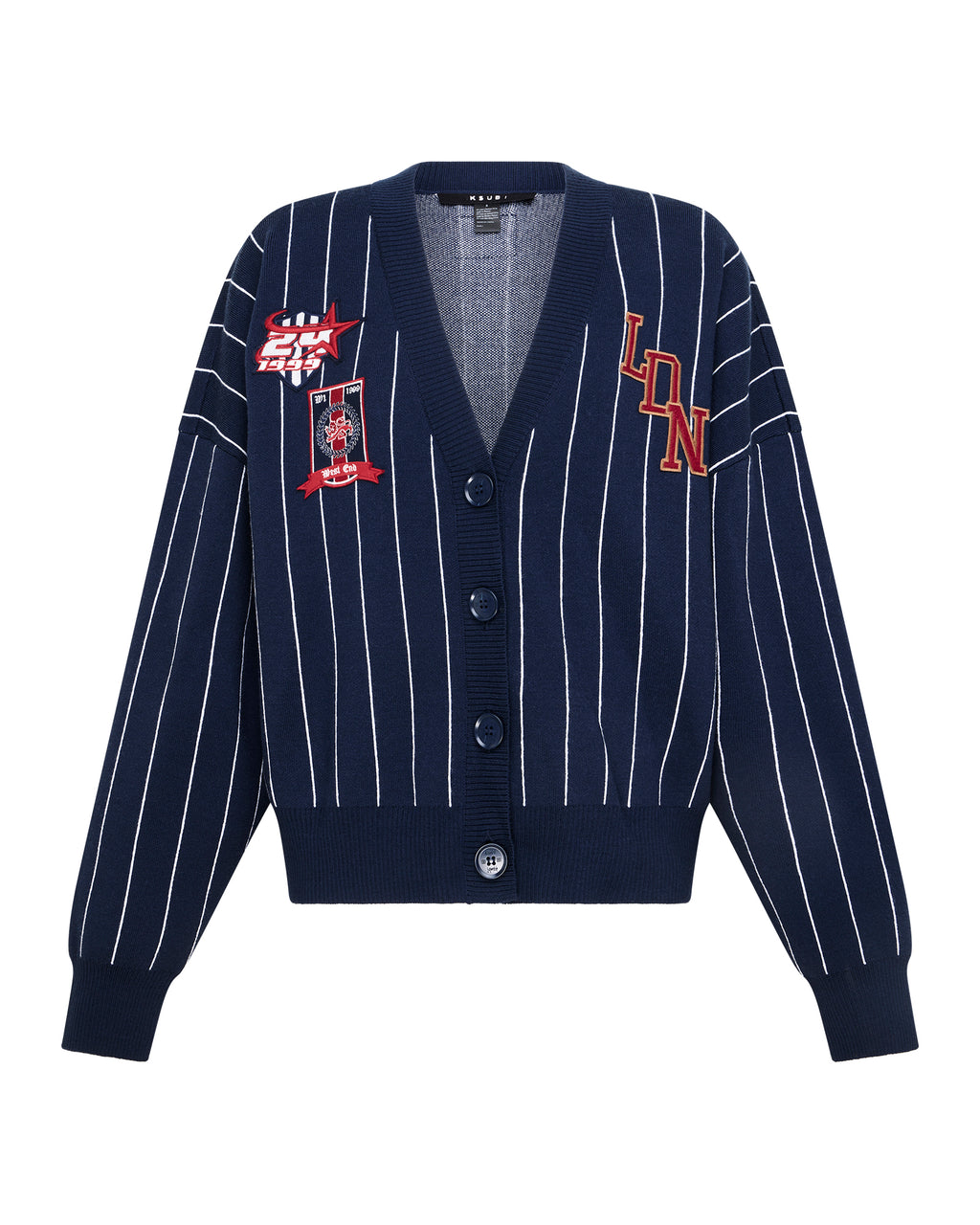 WOMENS DEAN CARDIGAN NAVY PINSTRIPE KNITWEAR