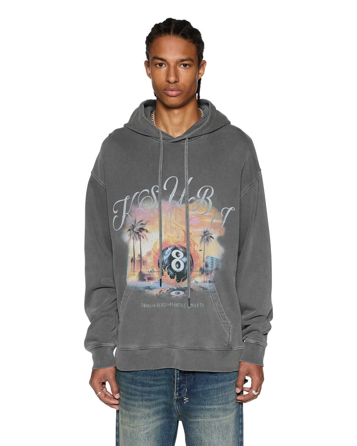 Mens World Order Biggie Hoodie Charcoal Oversized Fleece - Grey