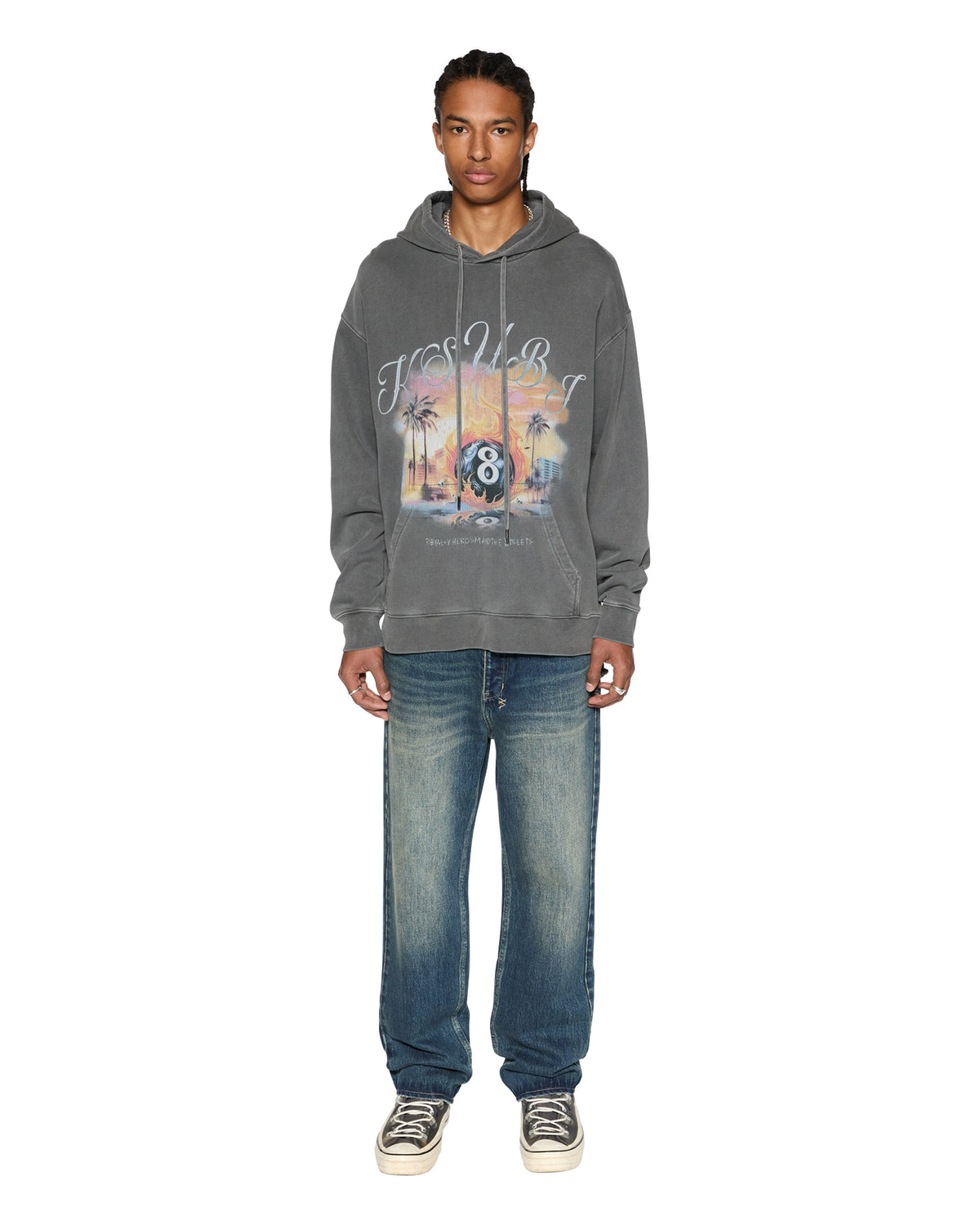 Mens World Order Biggie Hoodie Charcoal Oversized Fleece - Grey