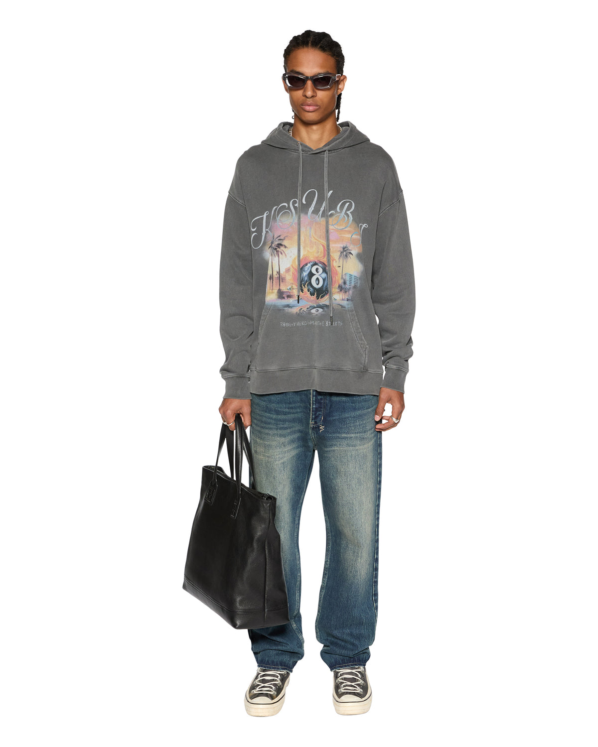 Mens World Order Biggie Hoodie Charcoal Oversized Fleece - Grey
