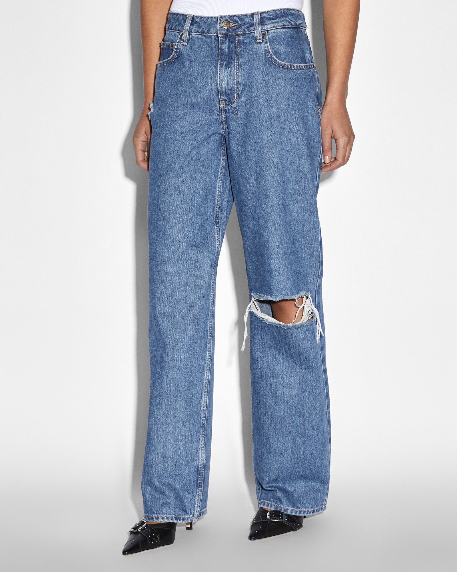 Low Rider Relaxed Fit Ripped Jeans - Mid Blue Denim