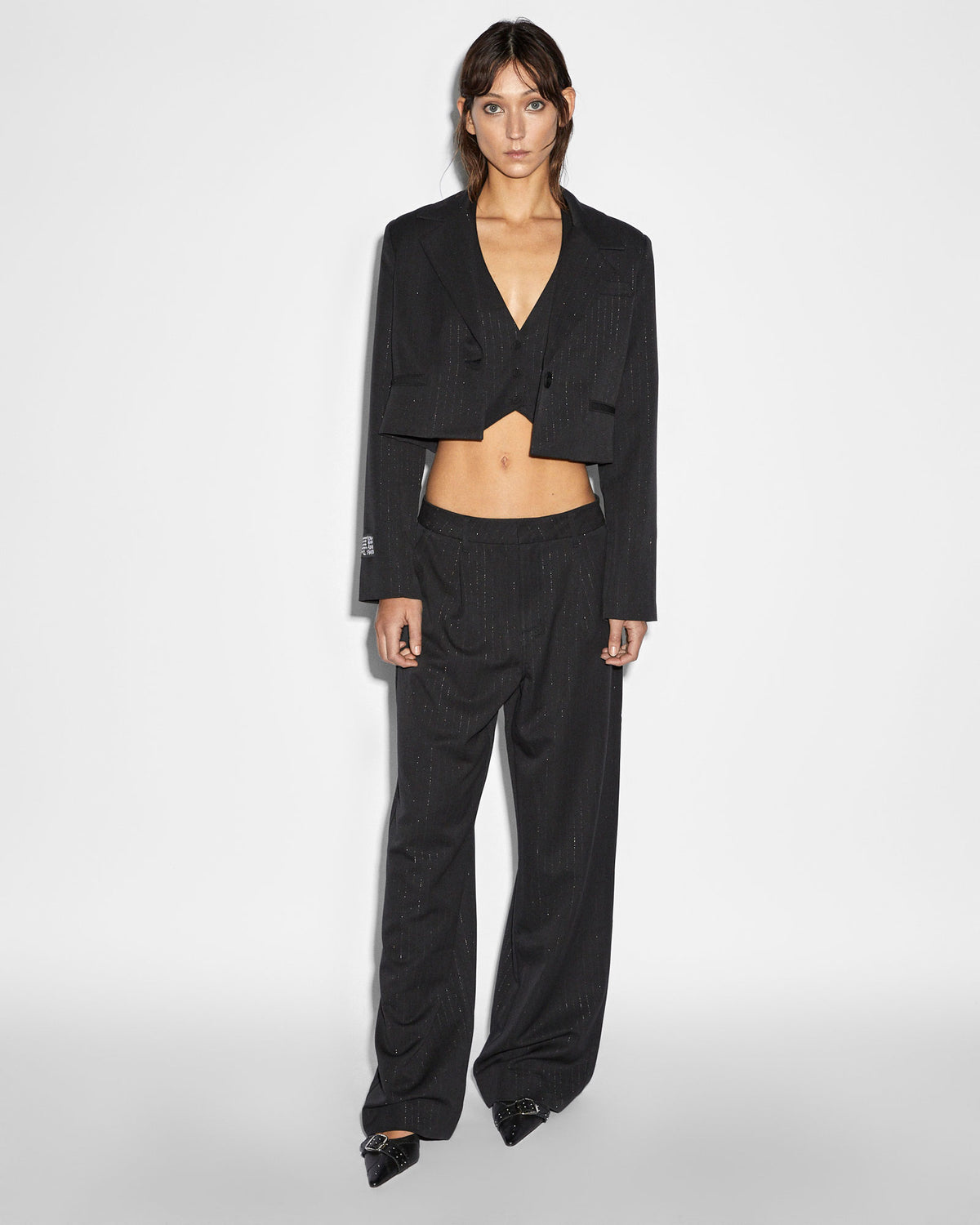 Womens London Crop Blazer Pinstripe Cropped Jackets - Black