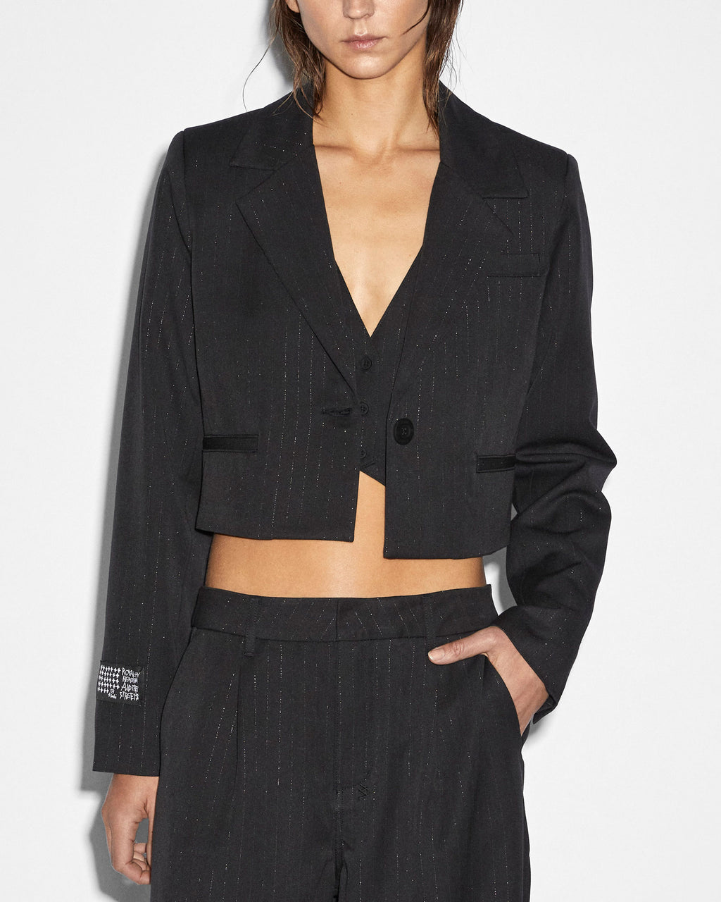Womens London Crop Blazer Pinstripe Cropped Jackets - Black