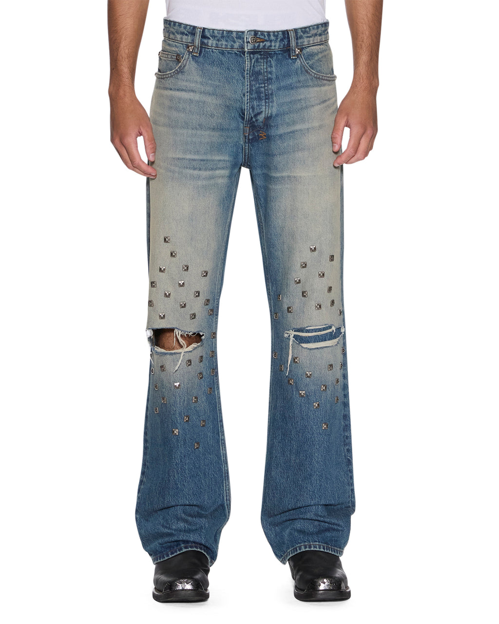 Mens Toro Portland Blue Stud Trashed Bootcut Denim Jeans - Denim