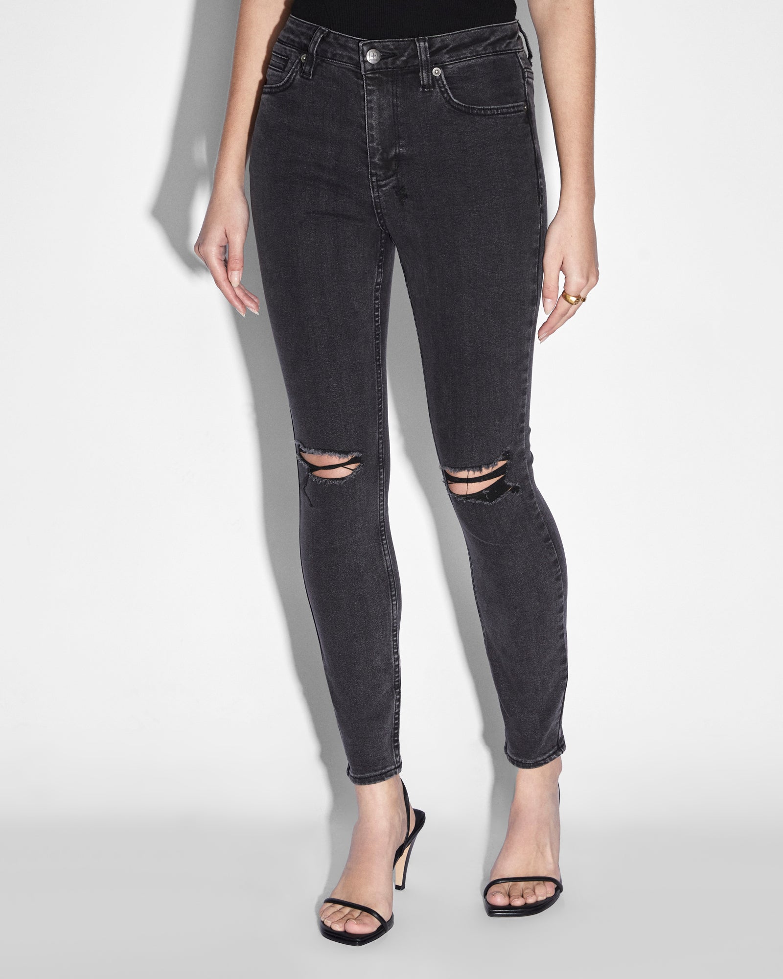 Playfeel Women's Denim Slim Fit Solid Knee Cut Black Distressed Jeans  (PFWJ-019)