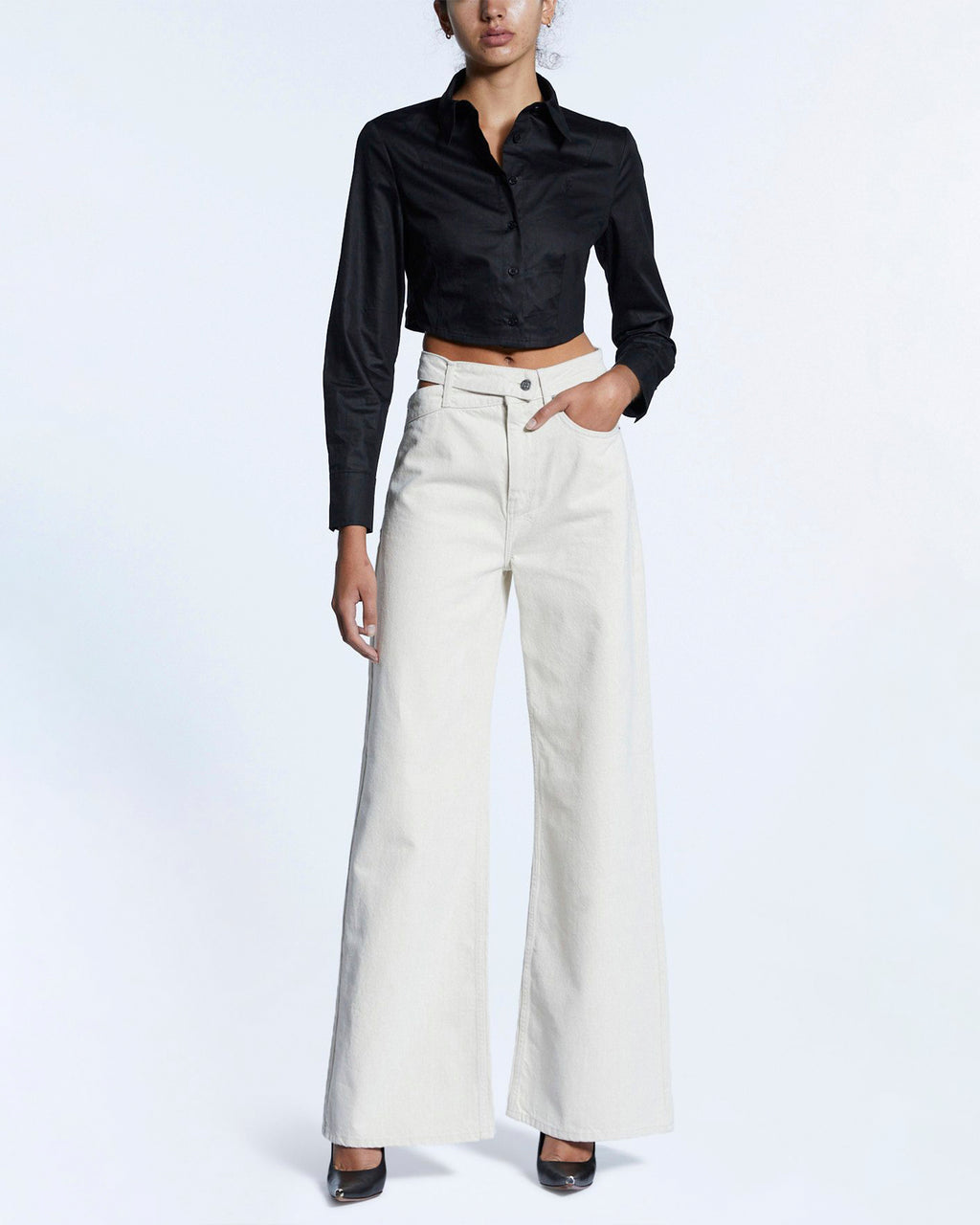 WOMENS TUCKED CROP SHIRT BLACK SHIRTS